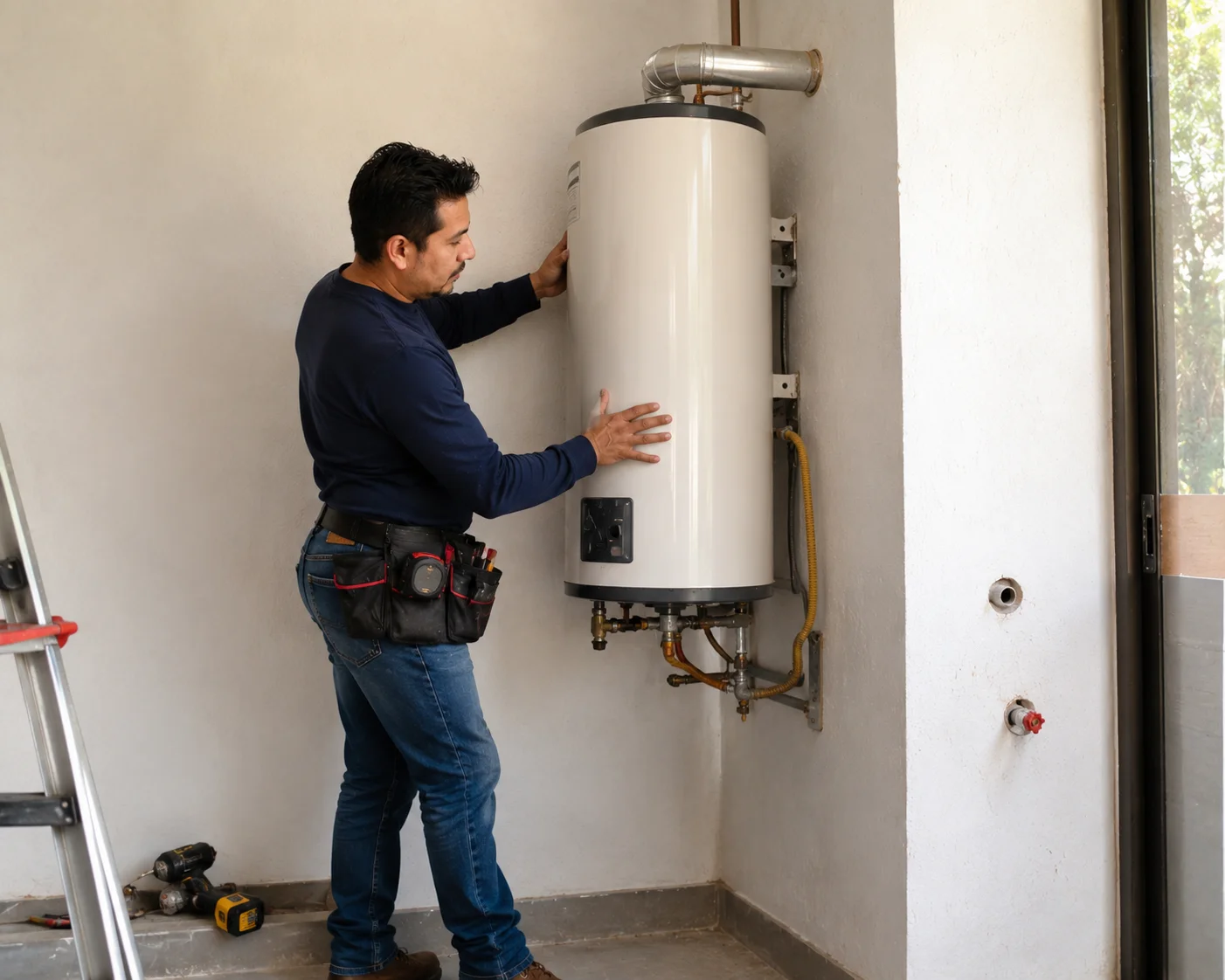 Técnico instalando un calentador de tanque en una vivienda de CDMX