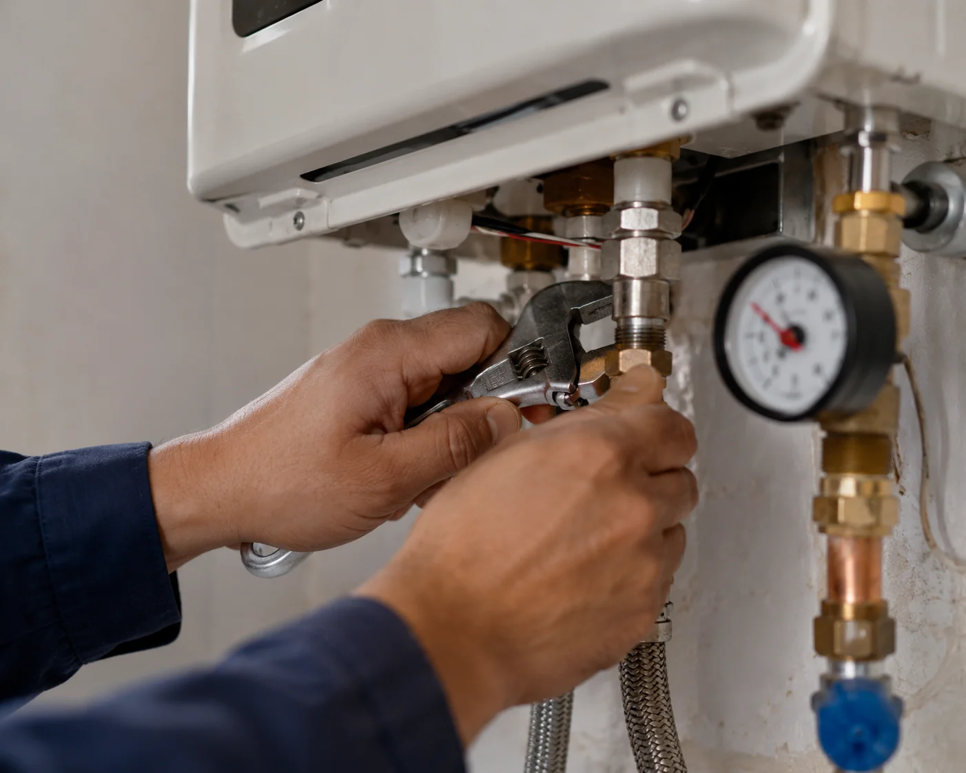 Detalle de conexión de gas y manómetro en la instalación de un boiler de paso