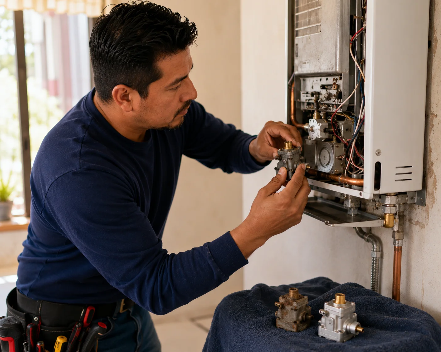 Técnico cambiando una pieza dañada de un boiler por una nueva