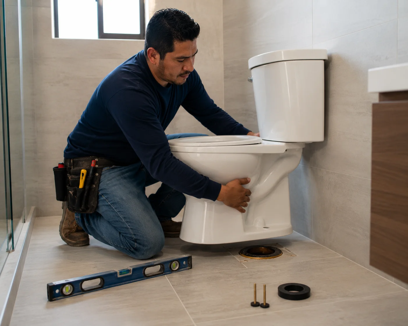 Técnico instalando una taza de baño con nivel de burbuja